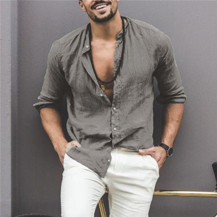 Compra Algodón Y Lino Para Hombre De Las Camisas Sport Del Collar Del  Soporte De Otoño Del Resorte Hombres De La Manera Botón Del Diseñador  Camisas Ocasionales De La Playa Hombres Camisetas