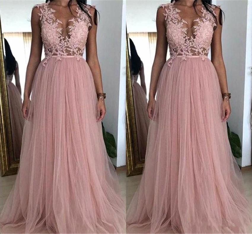 Dusky Pink A Line Prom Dresses 2019 Sheer Top Applique Lace Tulle Prom