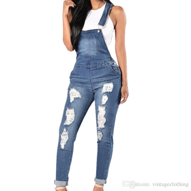 Denim Sumpsuits Mujeres Moda Fashion Ripped Hole Motores Jeans Jumpsuits Femenino Casual Lavado Hollow