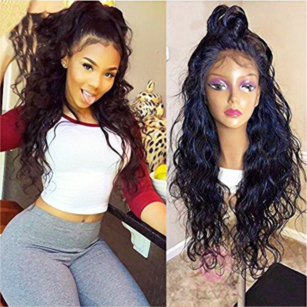 Natural Soft Long Water Wave Swiss Black Synthetic Lace Front Wig