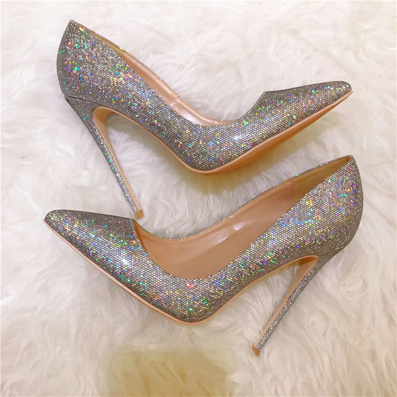 silver glitter pointed heels