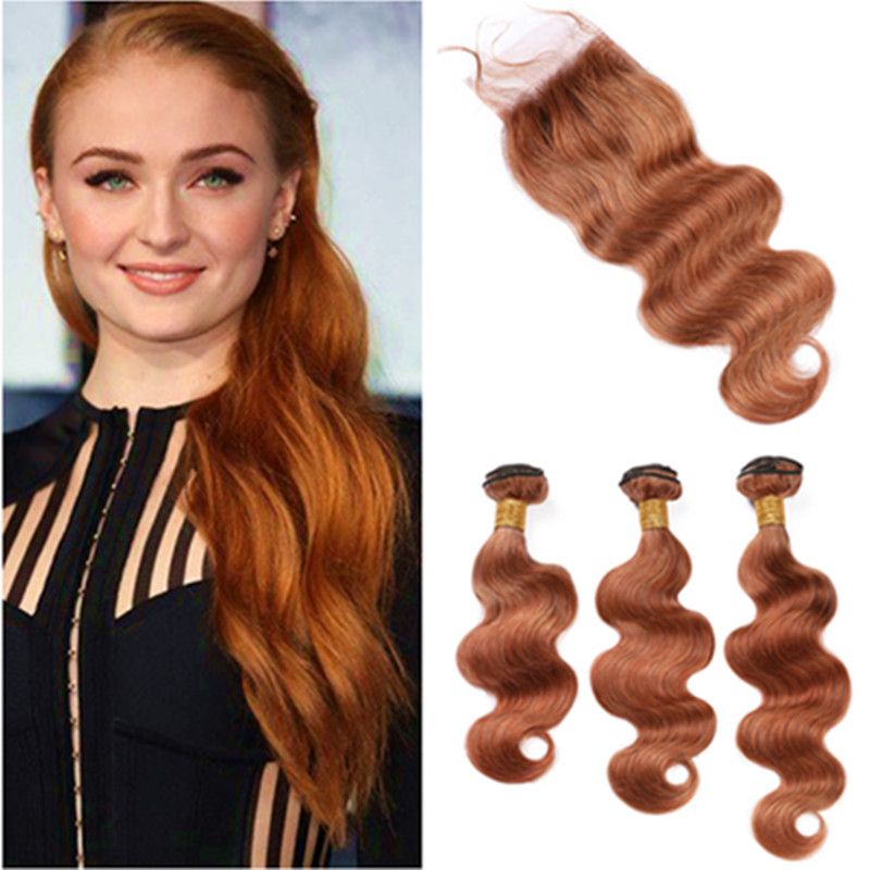 2019 Medium Auburn Virgin Hair Closure With 3 Bundles Peruvian