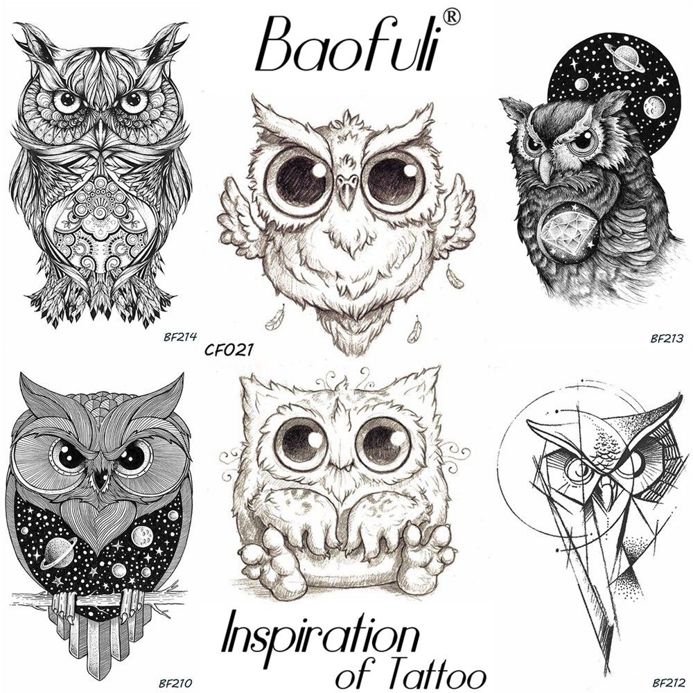 Baofuli Pencil Sketch Owl Cartoon Temporary Tattoo Geometric Art Tattoo Black Waterproof Fake Tattoo Planet Body Arm Women Men Temporary Tattoo