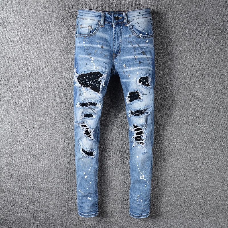 Wholesale Gender Water Drill Jeans New Italy Style #563# Mens Distressed  Destroyed Oiled Pants Blue Crystals Patches Blue Skinny Jeans Slim Trousers  At $52.8 | DHgate.Com