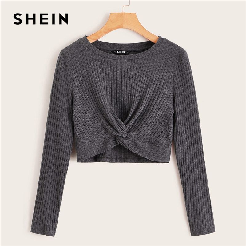 Acquistare SHEIN Solido Torsione Anteriore Rib Knit Crop Top Equipaggiata T  Shirt Donna Autunno Inverno Manica Lunga Girocollo Casual Carino Tshirt Top  Economico | Consegna Veloce E Qualità | It.Dhgate