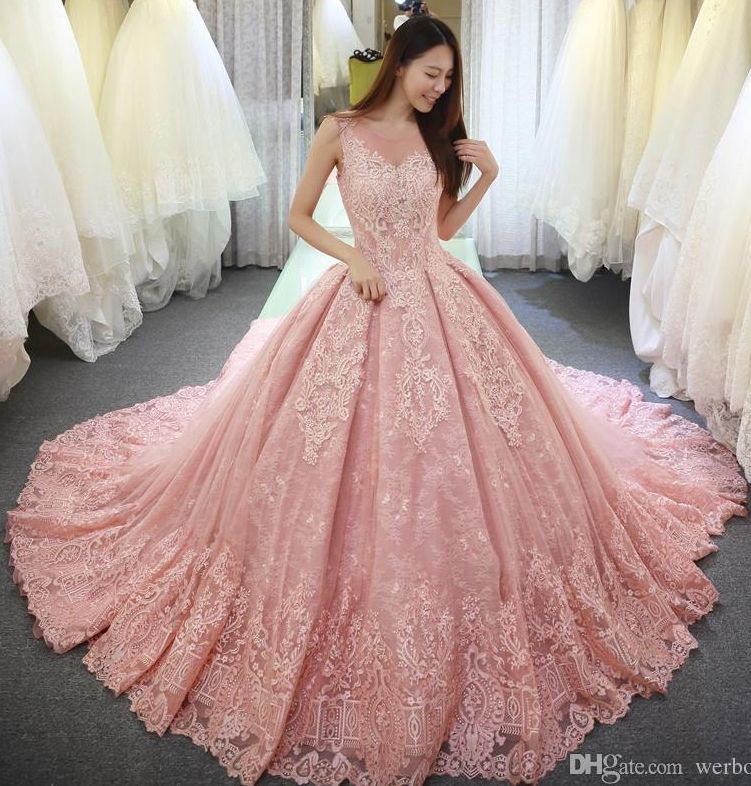 Modern Luxury Pink Quinceanera Dresses Ball Gown Sheer Neck Sweep Train  Prom Dresses With Lace Applique Backless Sweet 16 Gowns HY4157