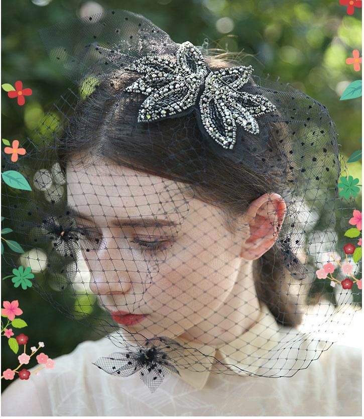 2019 Retro Black Wedding Veil Single Layer Large Grid Short Veil
