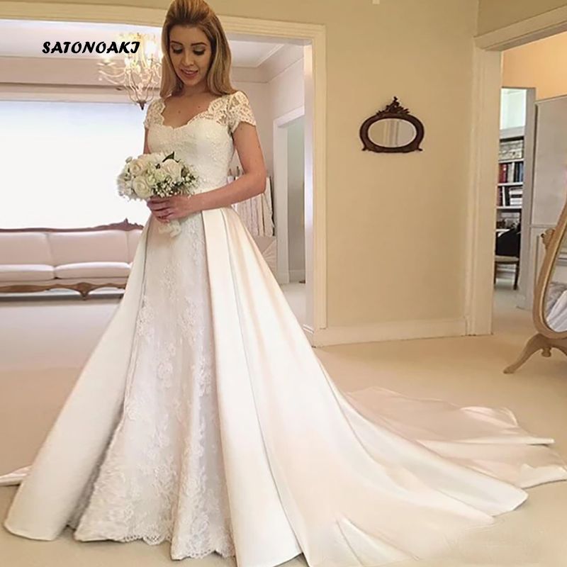 a line lace wedding dress with short sleeves