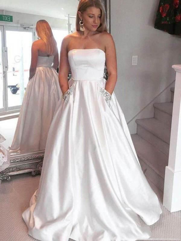 Elegant Satin A line Wedding Dress Draped Crystal Beading Lace Wedding Dresses