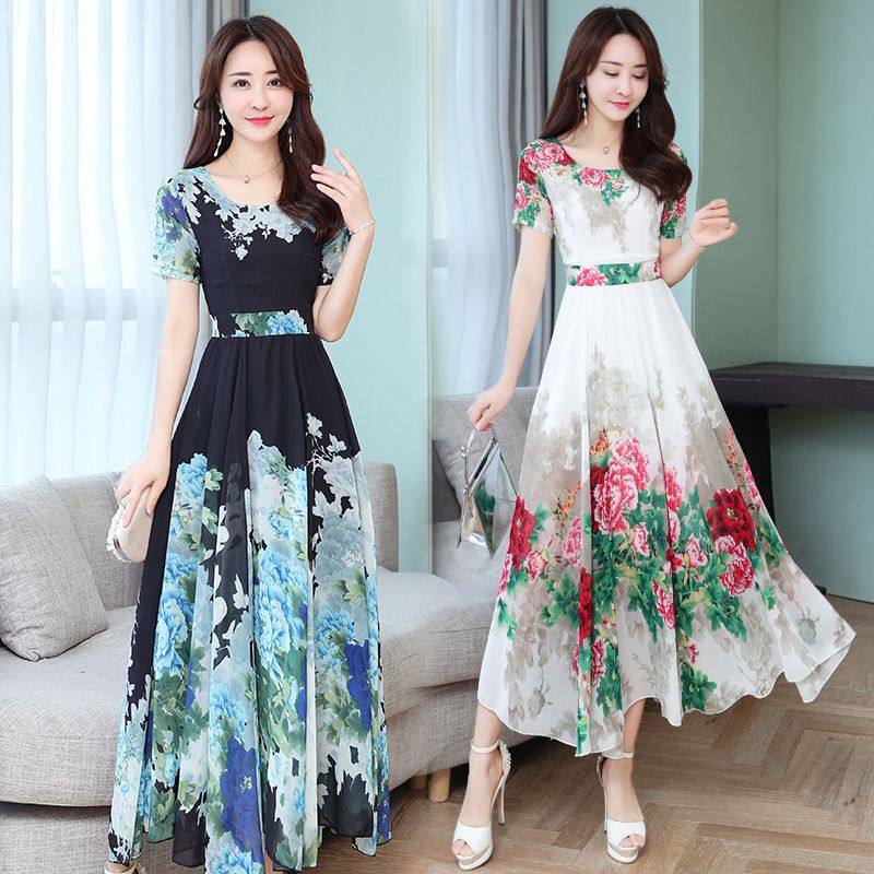 Compre Verão 2020 Vestido De Chiffon Mulheres Slim Saia Longa Rodada Gola Manga Curta Vestidos Socialite Grande Temperamento De Tuoya2215, $245,84 | Pt.Dhgate.Com