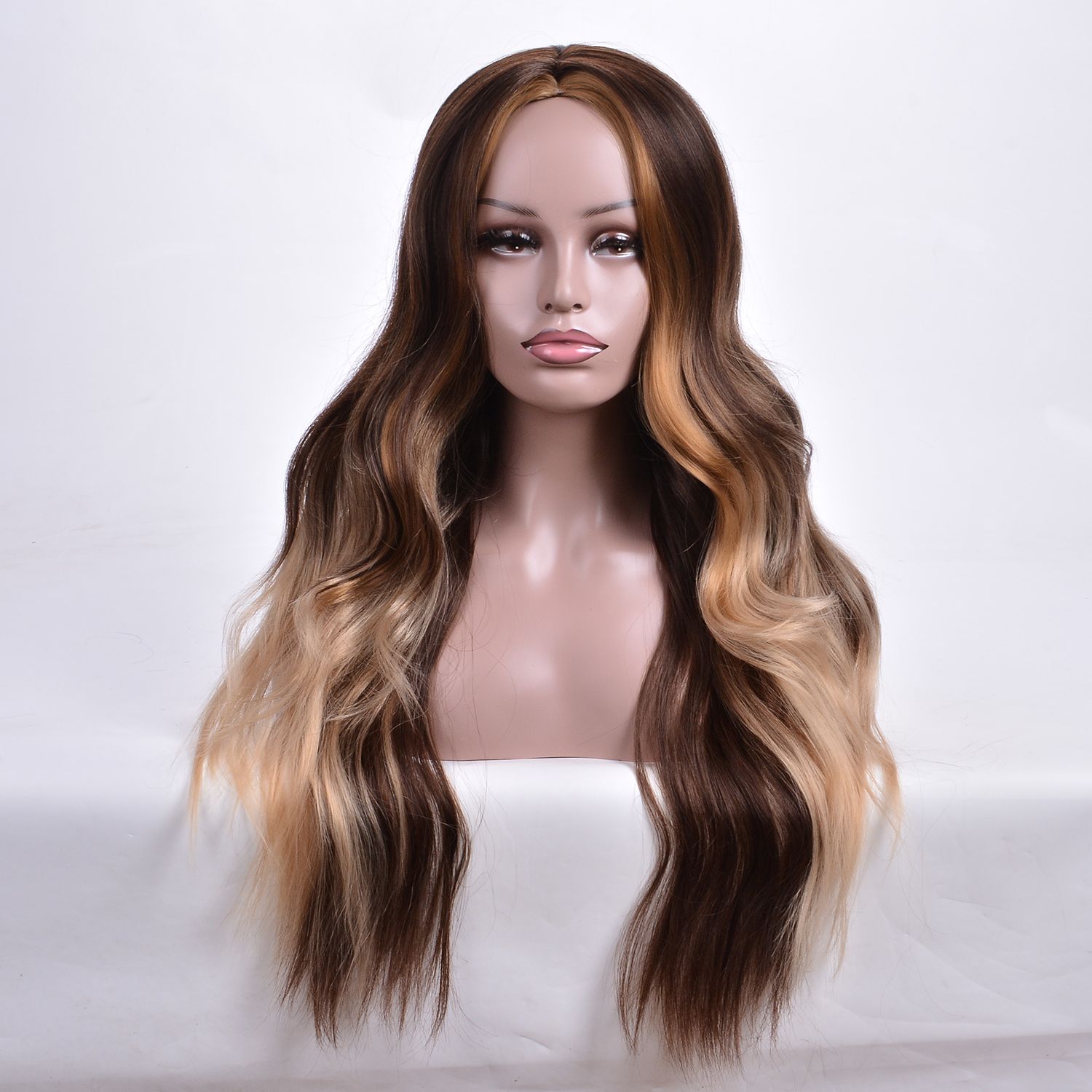 Brown Blond Highlighted Long Wavy Hair Wig With Middle Parted Heat