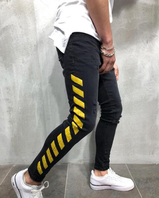 Pantalones Vaqueros de de marca para hombre blanco a rayas amarillo negro Ripped JEANS