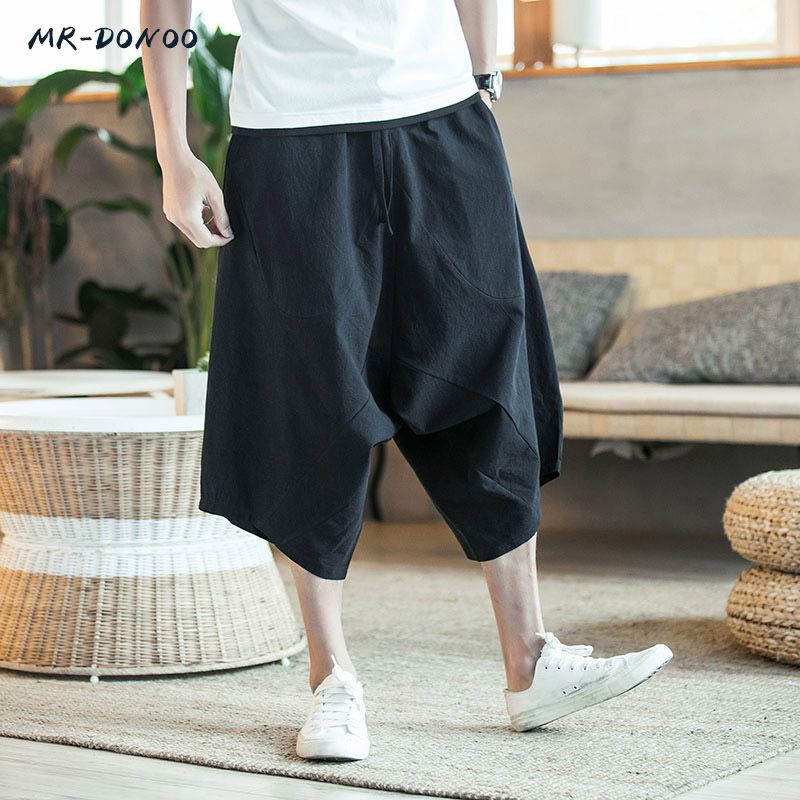 Mens Wide Crotch Harem Cotton Linen Wide-Legged Bloomers Baggy Cropped Trousers