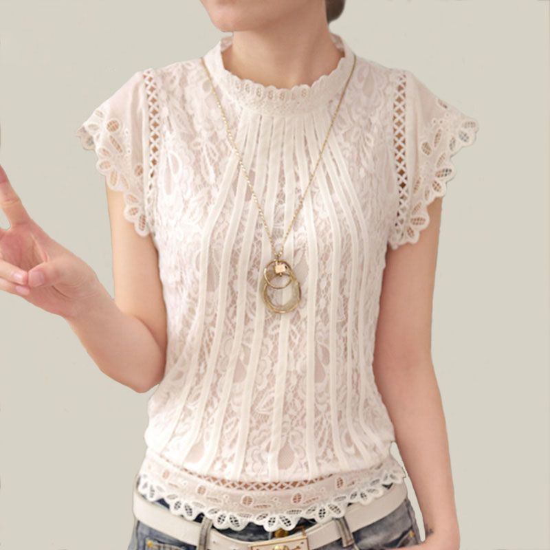 Blusa de encaje blanco Manga corta Cuello alto Mujer Elegante Patchwork Crochet Camisa de mujer
