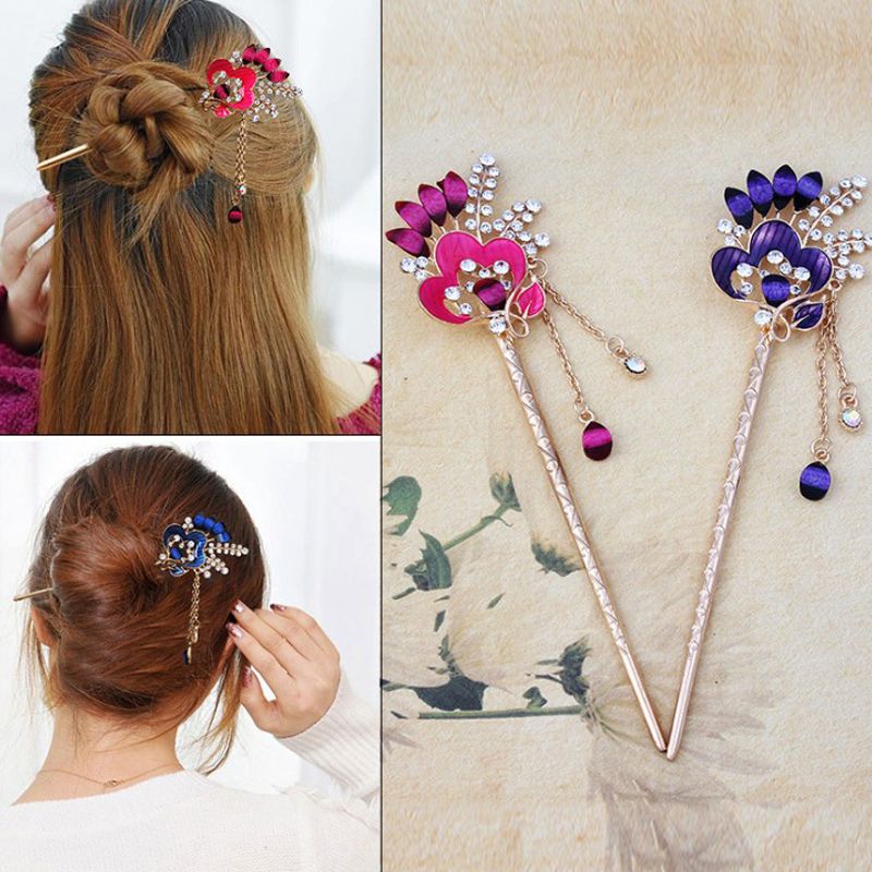 Chinese Style Hairpin Vintage Tassel Sticks Antique Design Metal Flower  Crystal Rhinestone Women Hair Accessories C19010501