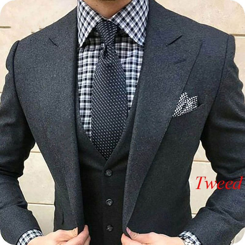 Acheter Hiver Fumer Veste Grise En Tweed Hommes Costumes Pour Mariage Peaked Slim Fit Lapel Groom Porter Groomsmen Tuxedo Homme Ternos Costume Homme