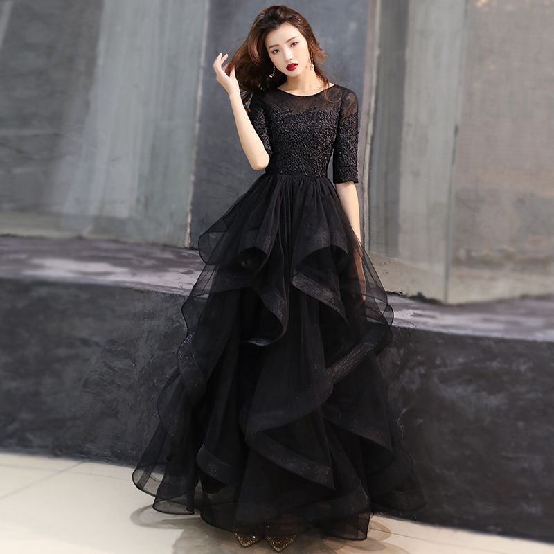 2021 Black Lace Tulle Long Modest Prom 