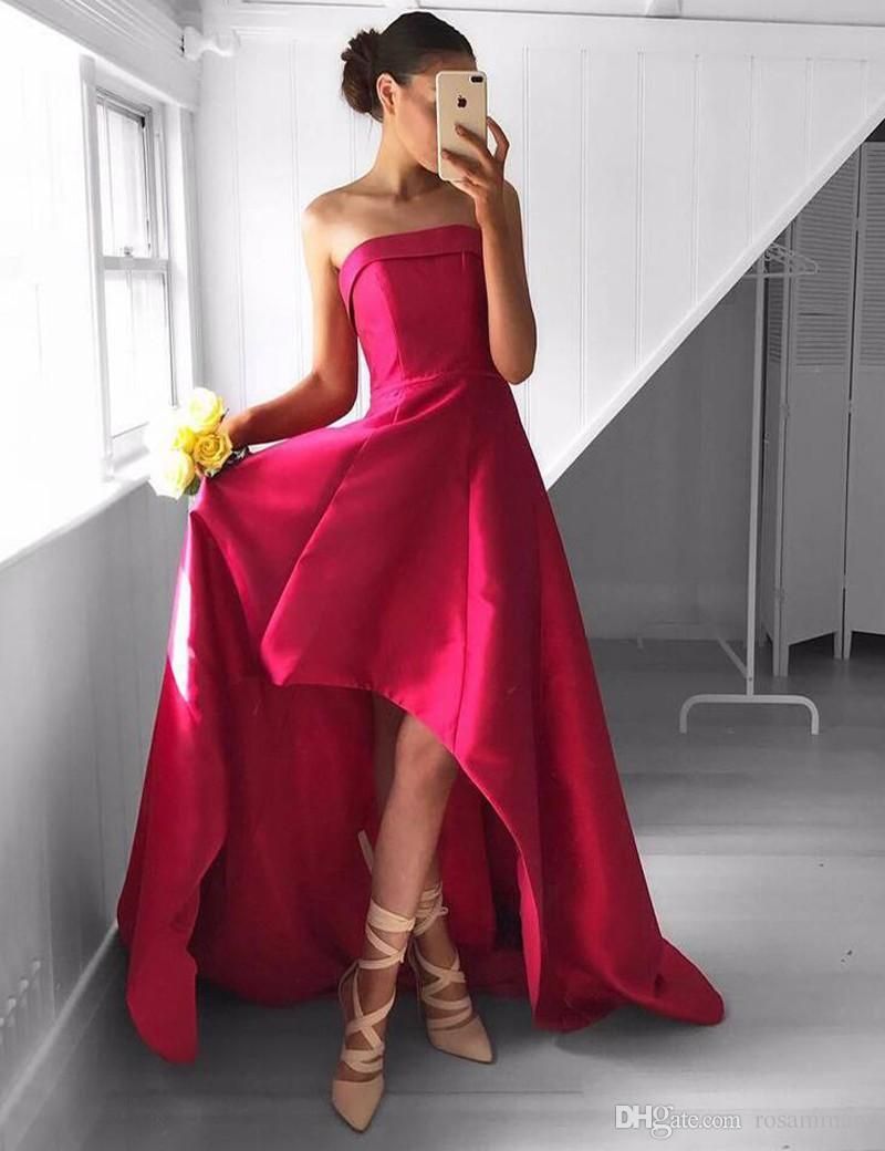 New Chic Strapless High Low Rose Pink Prom Dress Ruched Charming Sexy