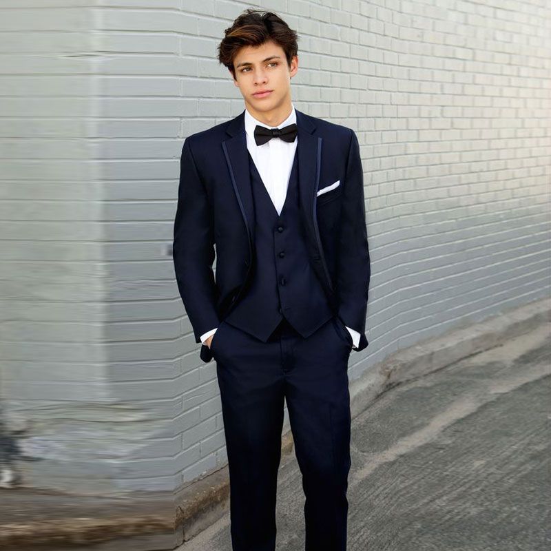 Navy Blue Three Pieces Mens Prom Suits Groomsmen Wedding Tuxedos For Men Blazers Notched Lapel Formal Suit With Jacket Pants Vest Mens Dress Attire