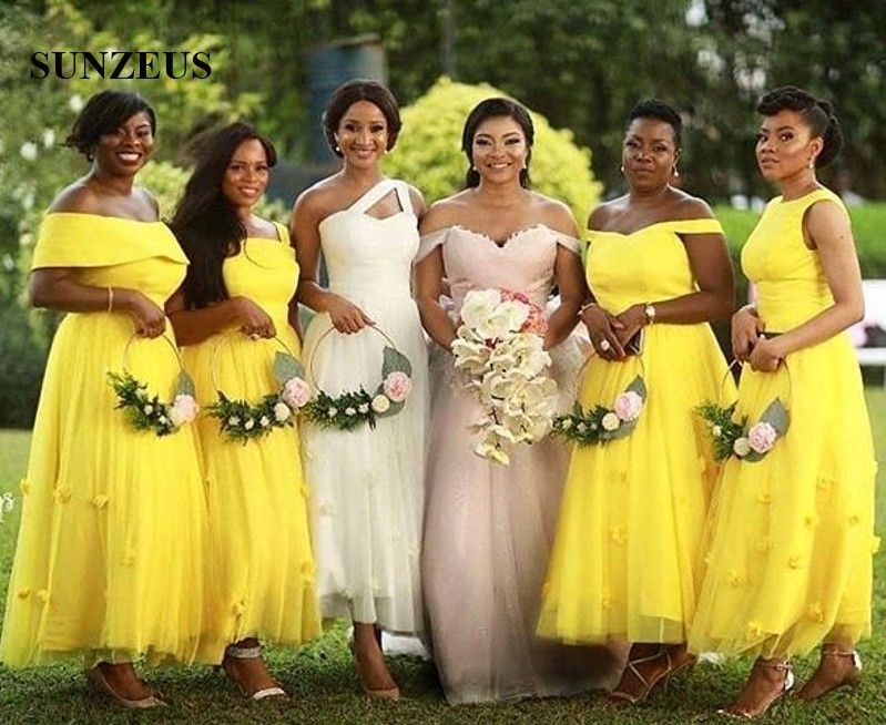 Acquista Abiti Da Damigella Giallo Con Fiori Fatti A Mano A Line Off Spalla  Africana Abiti Da Donna Le Donne Alla Caviglia Di Tulle Abbigliamento  Formale A 126,01 € Dal Sunzeusdress | DHgate Italy