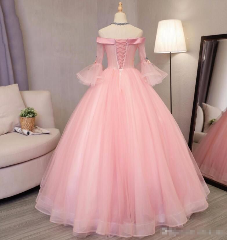 Quinceañera rosada Vestidos Apliques Mangas acampanadas Hombro Vestido de fiesta Vestidos de noche Vestir formal Volver Quinceañera rosada Vestidos Apliques Mangas acampanadas Hombro Vestido de fiesta Vestidos de noche Vestir formal Volver