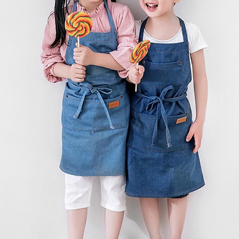 Kids Children Cotton Denim Apron Adjustable Kitchen Cooking Craft Pocket Bib US