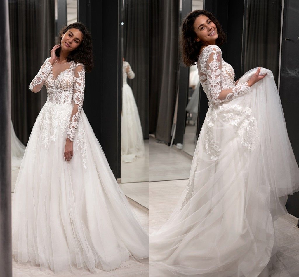 2020 Unique See Through Top Wedding dresses Long Lace Sleeves Illusion