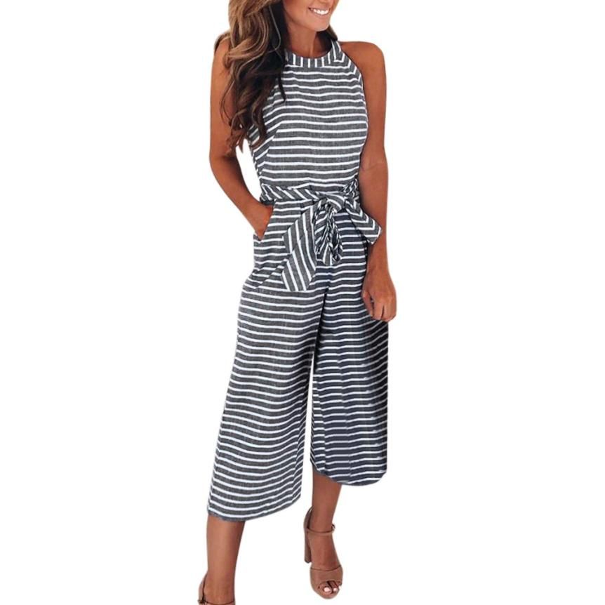 2020 Women Sleeveless Striped Jumpsuit Casual Clubwear Wide Leg