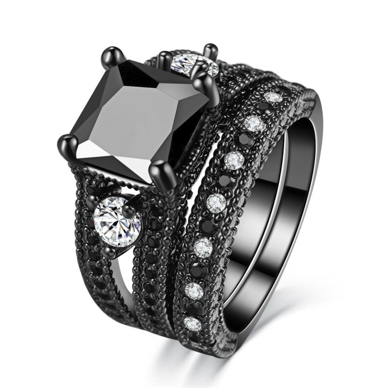 2021 Women Princess Cut Natural Black Diamond Ring Crystal