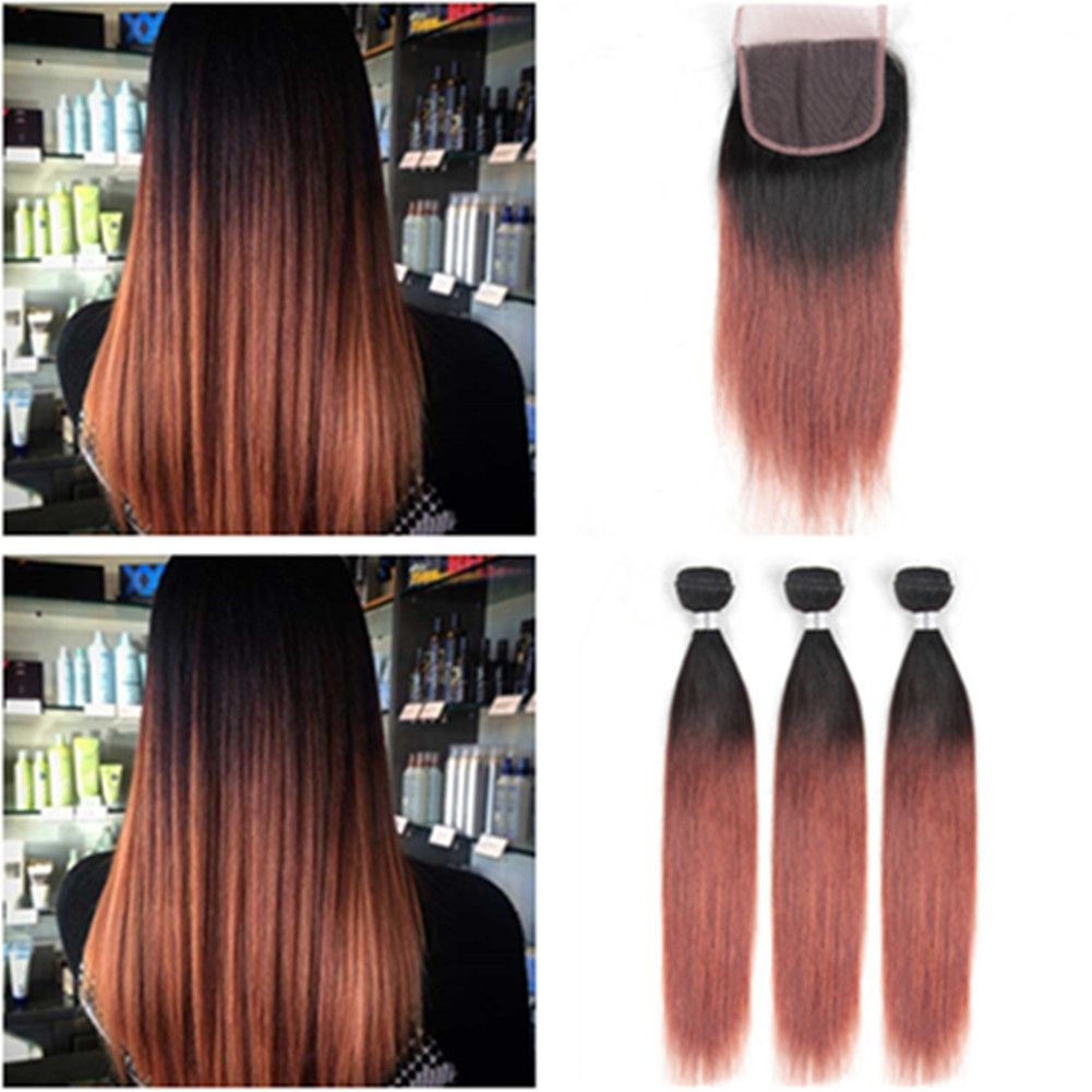 1b 33 Dark Auburn Ombre Straight Hair Bundles With Closure Copper