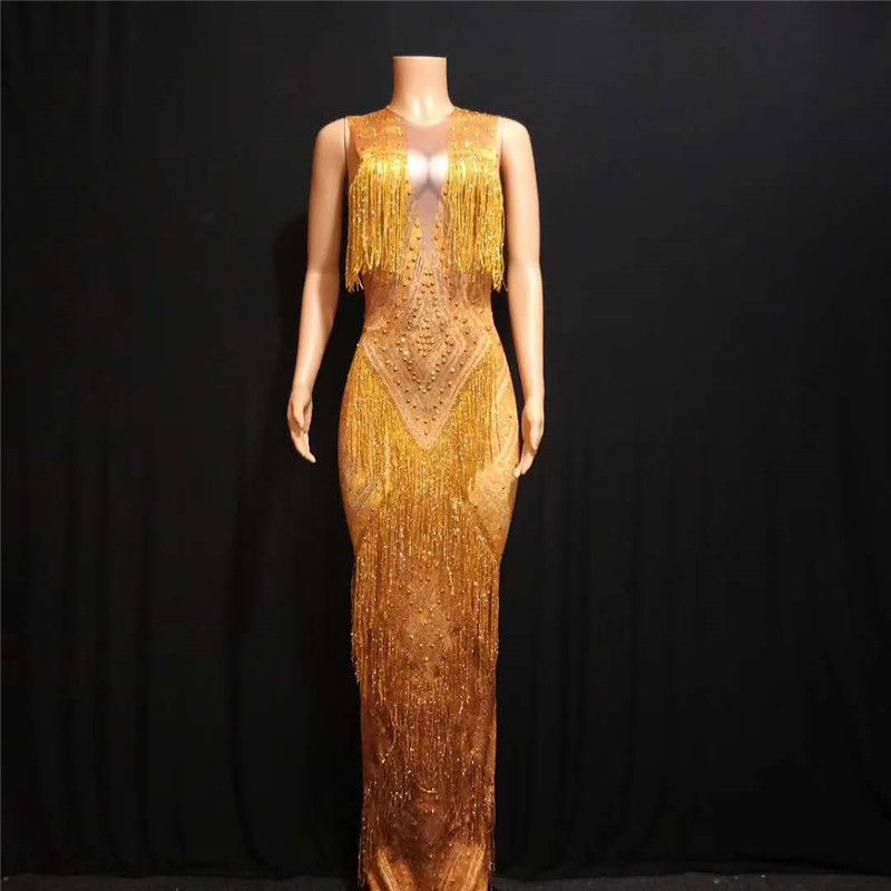 2020 X42 Gold Tassel Long Evening Dress Female Stage Dance Costumes