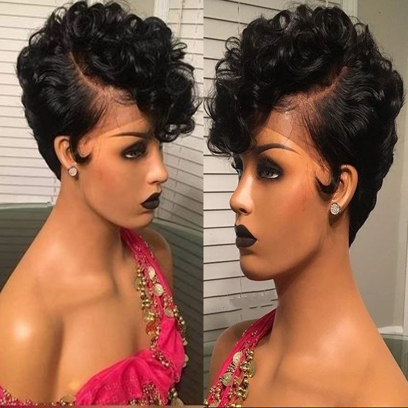 Full Short Human Hair Lace Wigs For Black Women Pixie Cut Wavy Lace Front  Wigs Baby