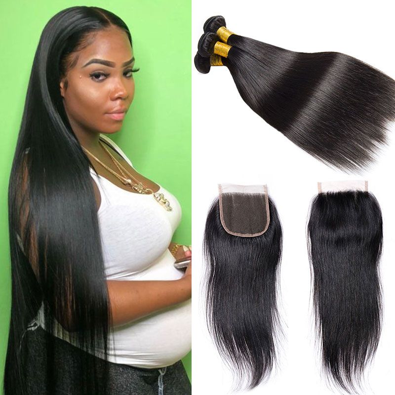Brazilian Straight Hair Weave 3 Bundles With Lace Closure Natural