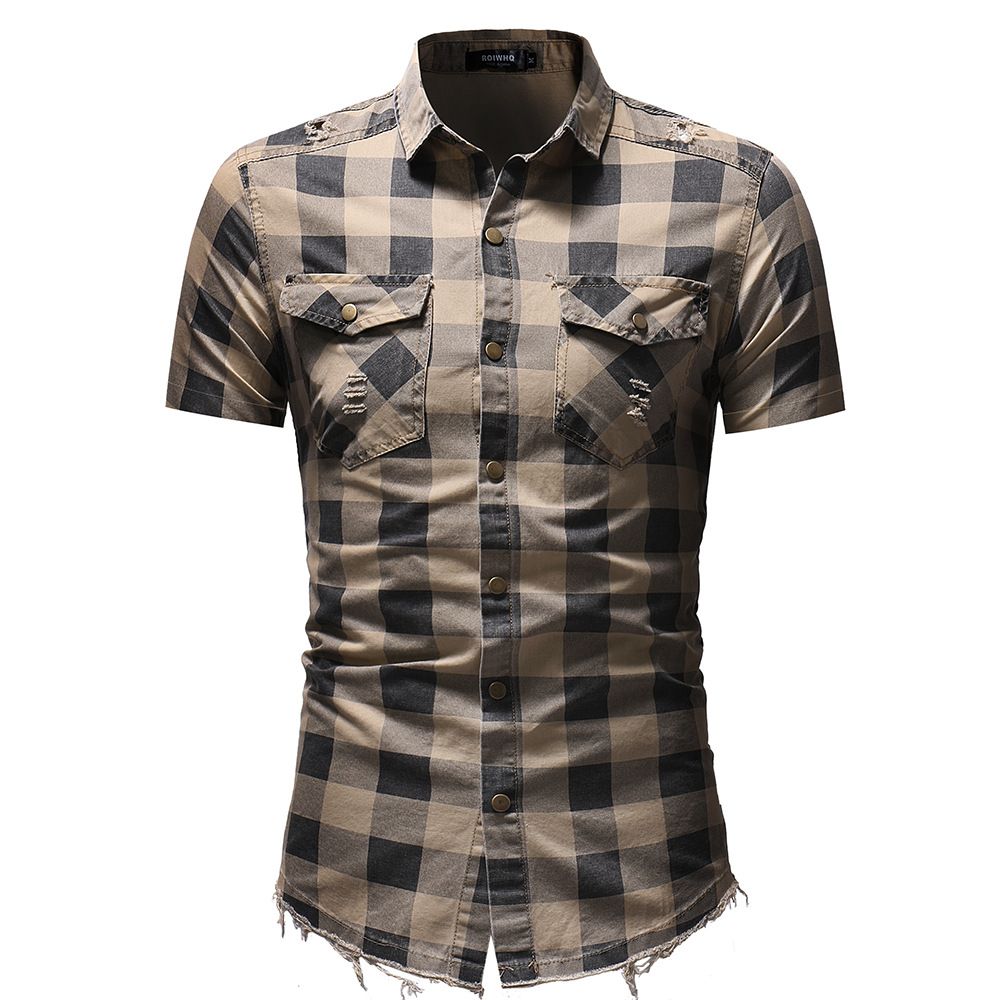 2020 Men Plaid Shirts Short Sleeve Slim Fit Turn Down Collar Shirts ...