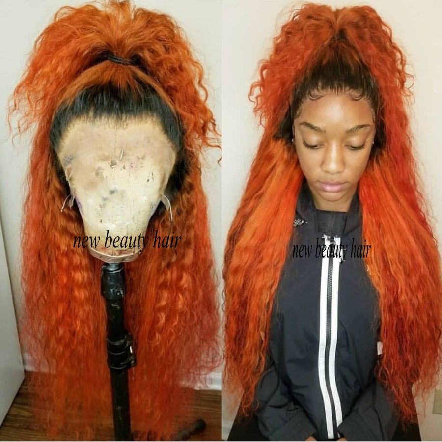 Hand Tied Kinky Curly Ombre Orange Hair Brazilian Hair Wigs