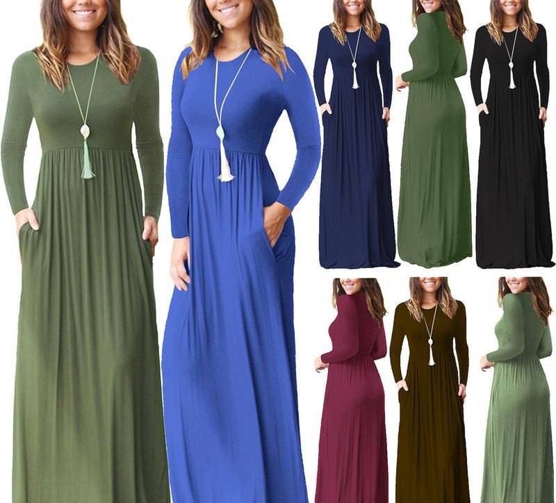Womens Plain Long Sleeve Evening Party Casual Pockets Maxi Dress Plus Sizes
