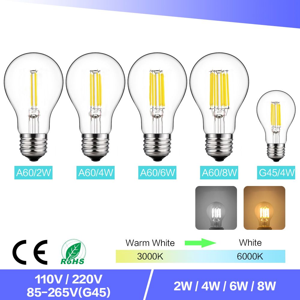 2W-8W All Shape E27 Screw Cap ES Vintage LED COB Filament Edison Bulb Light Lamp