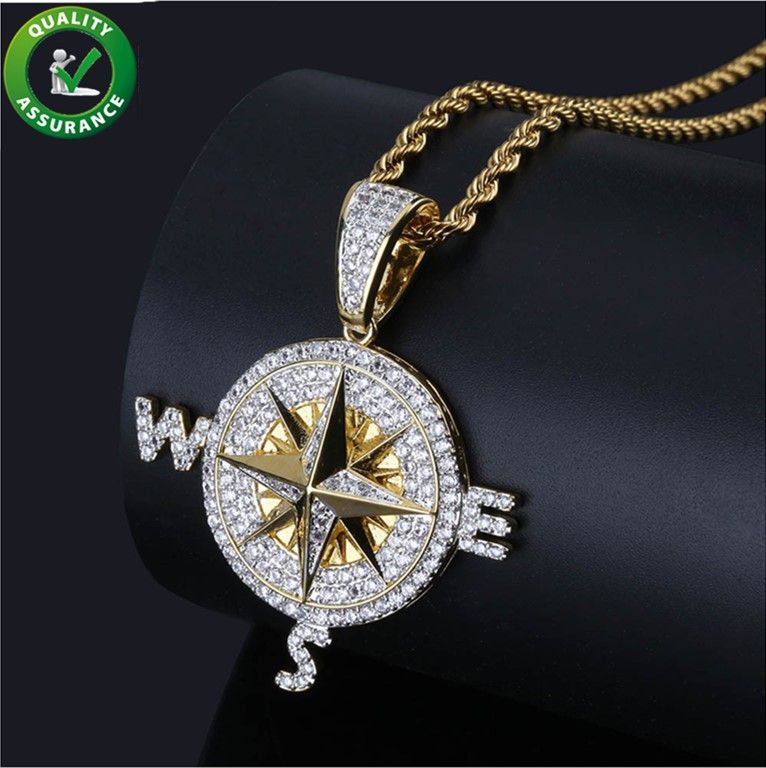 2019 New Fashion Skeleton Compass Pendant Necklaces Men Hip Hop Jewelry Personalized Rhinestone Long Chain Gold Necklace Gift 