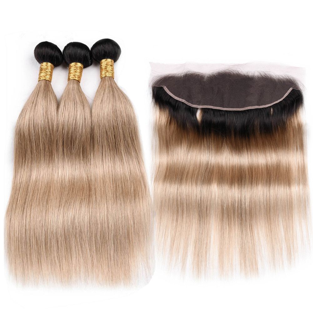 Honey Blonde Ombre Indian Human Hair 3bundles With Frontal 1b 27 Dark Root Light Brown Ombre Straight 13x4 Full Lace Frontal With Weaves Hair