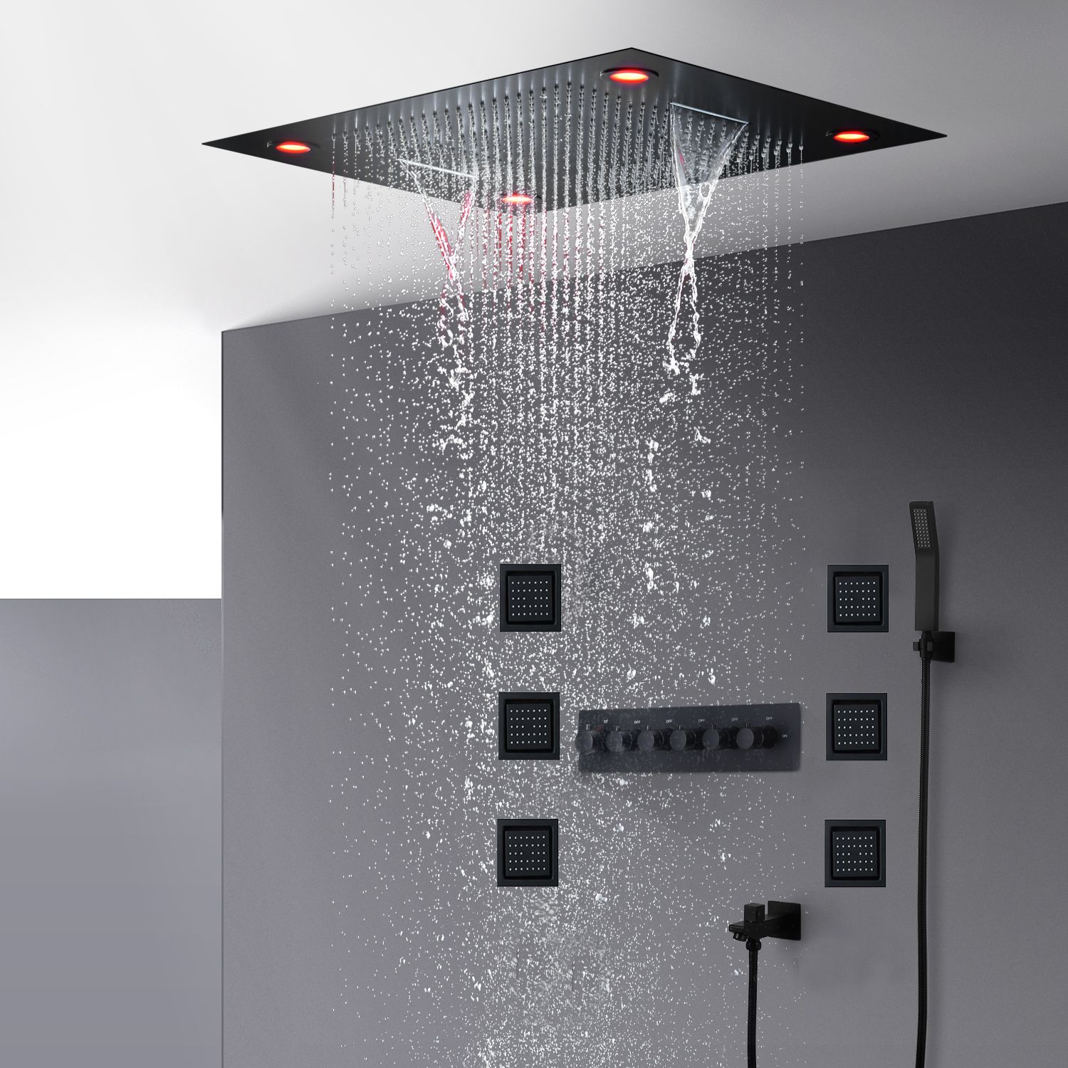 2021 Bathroom Black Shower Set Luxury Thermostatic Shower Modern Large LED Ceiling Waterfall ...