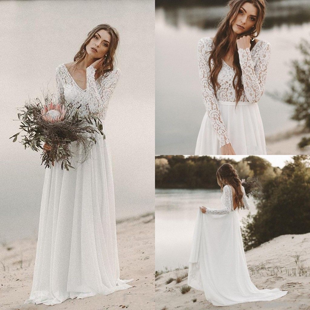 2019 New White//Ivory V neck Chiffon Wedding Dress Beach Bridal Gown Stock Size