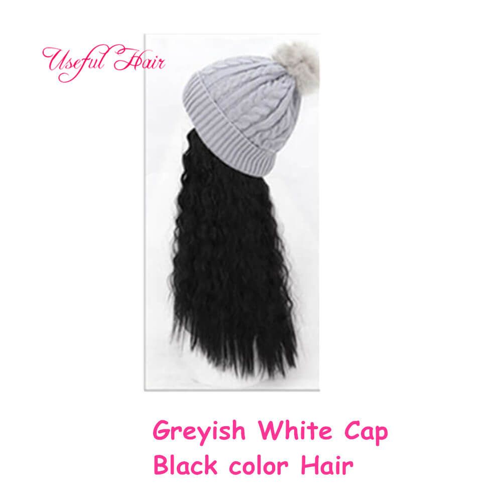 Greyish white cap black Curly hair