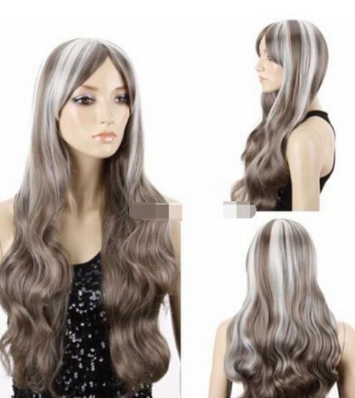 Free Shippin Women S Grey White Mixed Long Wavy Curly Hair