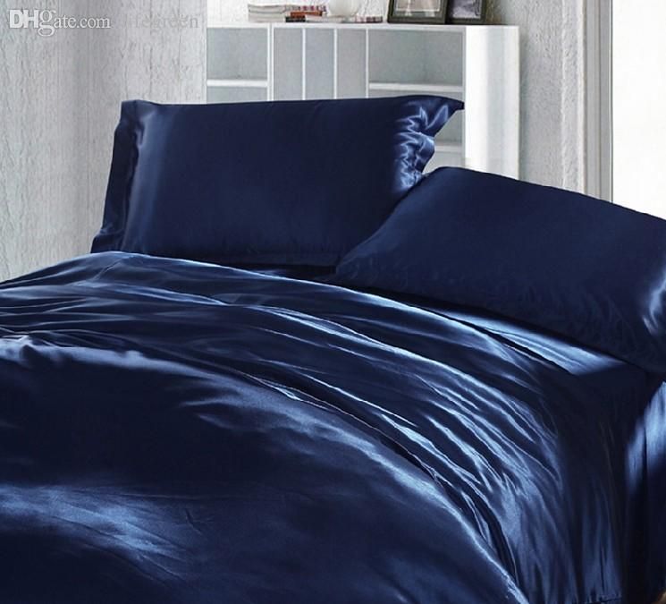 Wholesale Dark Blue Bedding Set Silk Satin Super King Size Queen Double Fitted Bed Sheets Duvet
