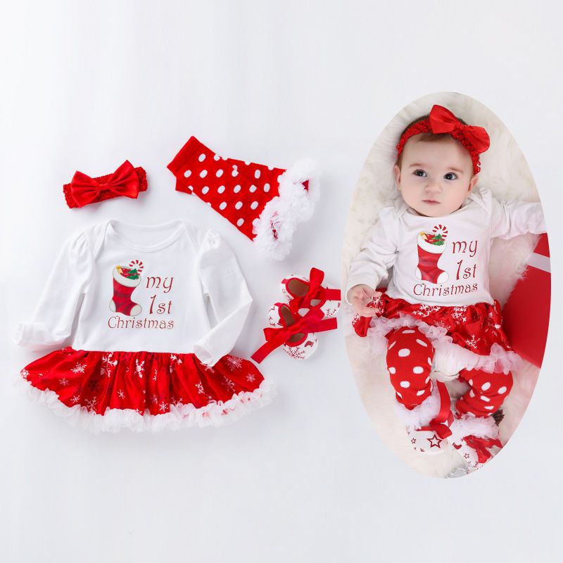 Vestido de niña con traje de bebé de Navidad 6pc Conjunto de manga larga  Tutu Ramper vestido de navidad bebé My First Christmas Outfit 18120101