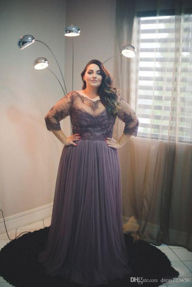 With Sleeves A-line Tulle Appliques Lace Sheer Big Gight Prom Dress For Fat Women 2020 New Plus Size Evening Gowns Dresses vestido de novia With Sleeves A-line Tulle Appliques Lace Sheer Big Gight Prom Dress For Fat Women 2020 New Plus Size Evening Gowns Dresses vestido de novia