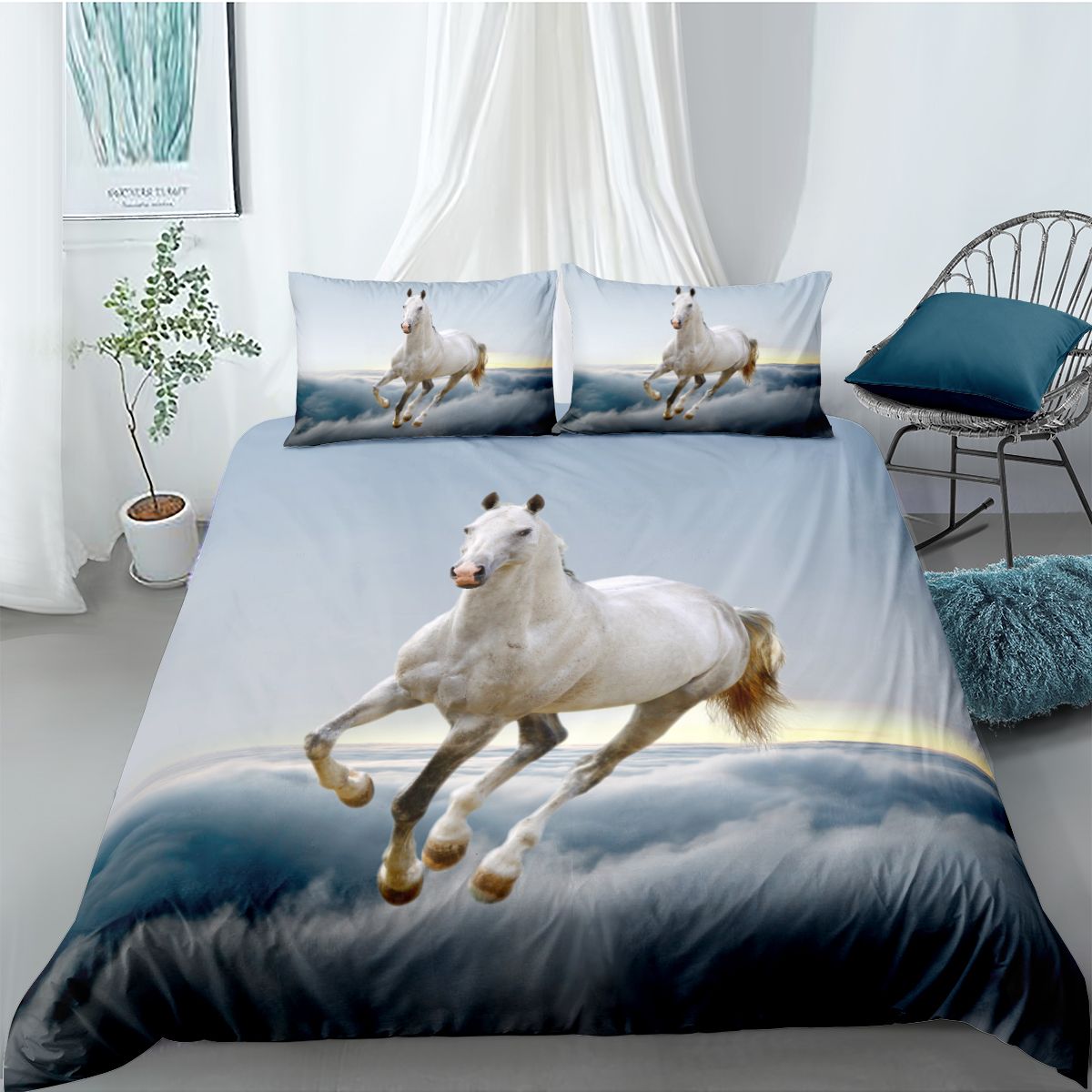 2020 Animal Blue Horse Duvet Cover With 2 Pillow Cases 3d Bedding