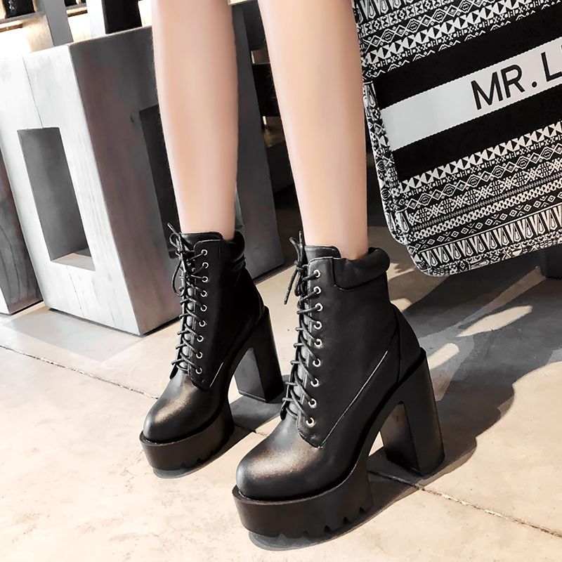 Women Combat Ankle Boots Leather Block Heels Lace Up Solid Plus Size New Shoes