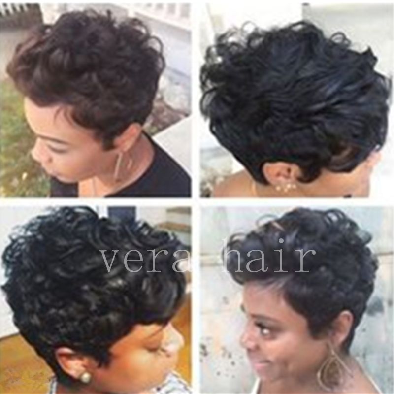 Human Hair Pixie Short Cut Wigs Black Curly Wave Hair Wigs Bangs