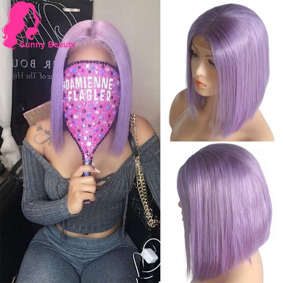 Bob Wig Purple Lilac 16 Human Hair Lace Front Pre Plucked With